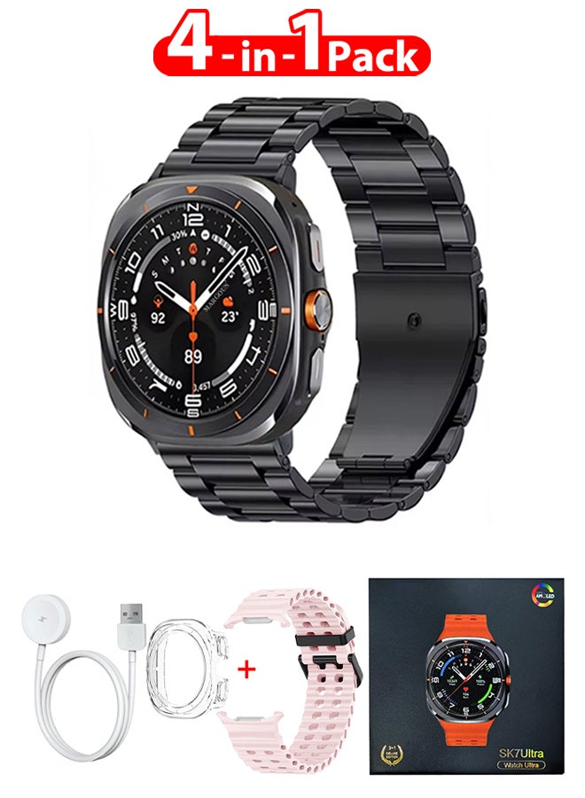 SK7 Ultra Smartwatch Bundle With Accessories Including 1 Black Stainless Steel Band 1 Pink Silicone Band a Charging Cable and a TPU Case Protector Pink