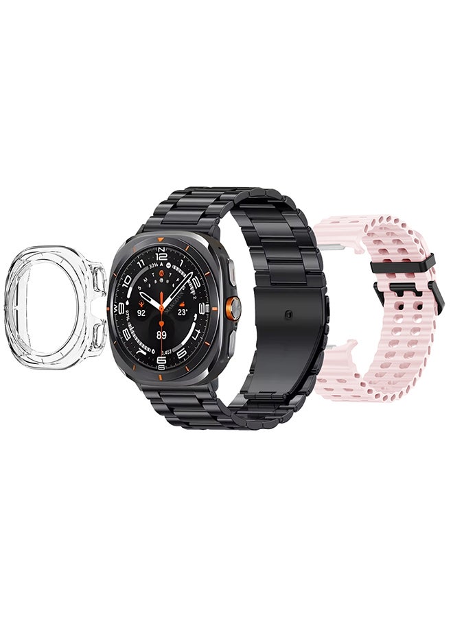 SK7 Ultra Smartwatch Bundle With Accessories Including 1 Black Stainless Steel Band 1 Pink Silicone Band a Charging Cable and a TPU Case Protector Pink