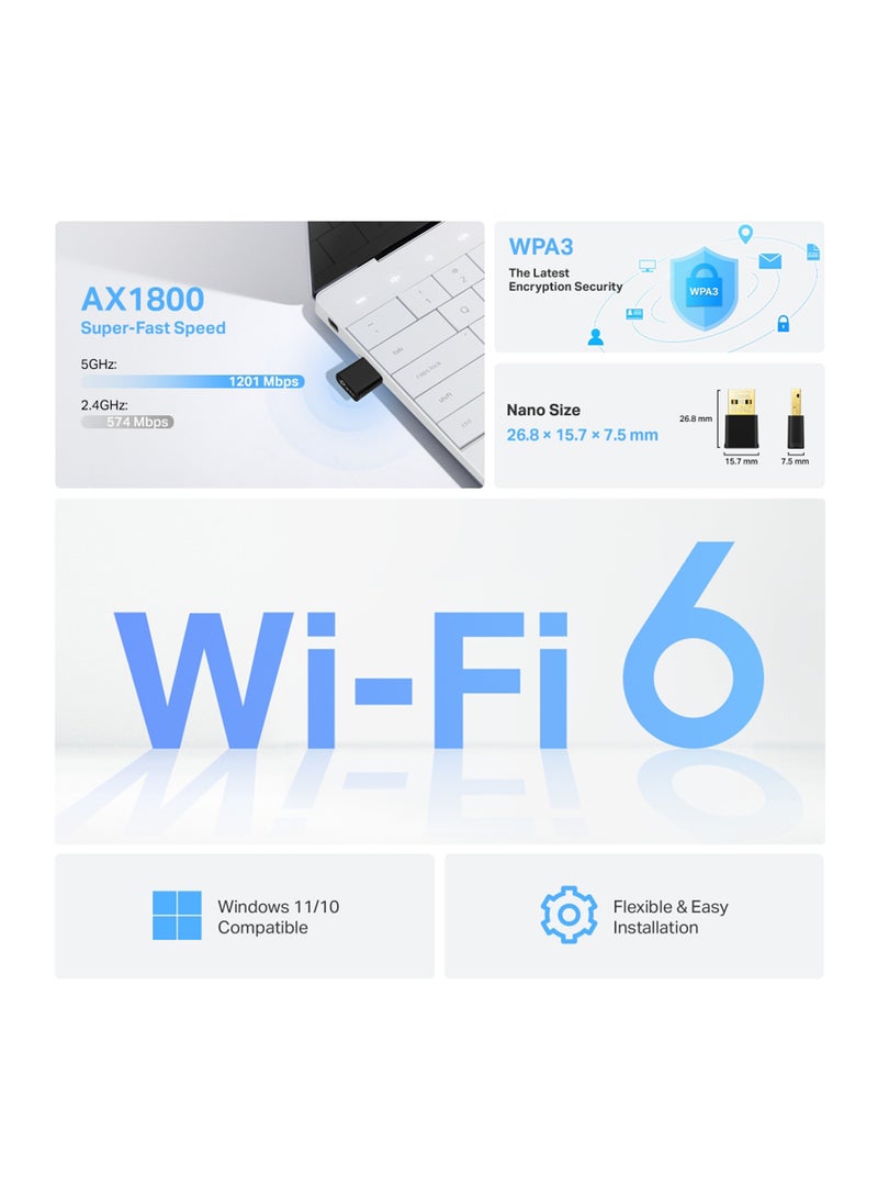 تي بي لينك - AX1800 Nano Wi-Fi 6 Wireless USB Adapter Black - Image 1
