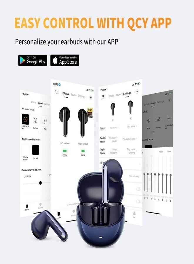 QCY HT10 AilyBuds Pro Wireless Earbuds, Adaptive Noise Cancelling Earphones, Hi-Res Audio Clear Calls, 5.3 Bluetooth, Semi-in-Ear Design,Comfortable Wearing and 30-Hours Long Battery Life - blue  - Image 4