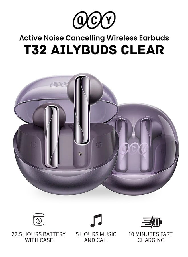 QCY - QT32 AilyBuds Clear Wireless Earbuds, 5.3 Bluetooth Connection, 13mm Drivers, Low Latency Mode, In-Ear Lightweight Design, 10-Minutes Quick Charge and 22.5 Hours Long Battery Life - purple - Image 1