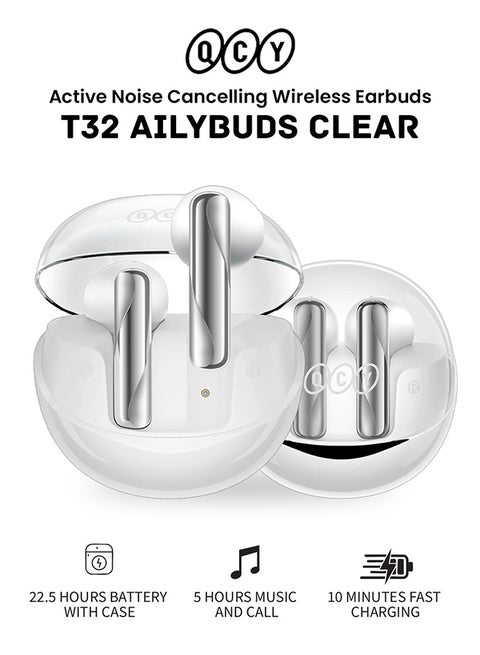 QT32 AilyBuds Clear Wireless Earbuds, 5.3 Bluetooth Connection, 13mm Drivers, Low Latency Mode, In-Ear Lightweight Design, 10-Minutes Quick Charge and 22.5 Hours Long Battery Life - white