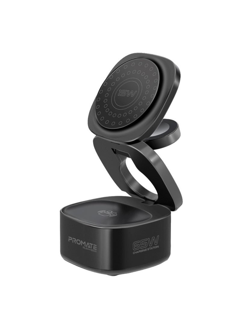 PROMATE - Foldable 4-in-1 GaNFast  65W Magsafe Compatible Charging Station with 15W Wireless Pad, AirPods and Apple Watch Fast Charging, Qualcomm QC 3.0 USB-A, 45W USB-C Power Delivery Port, Rubix-65W black - Image 1