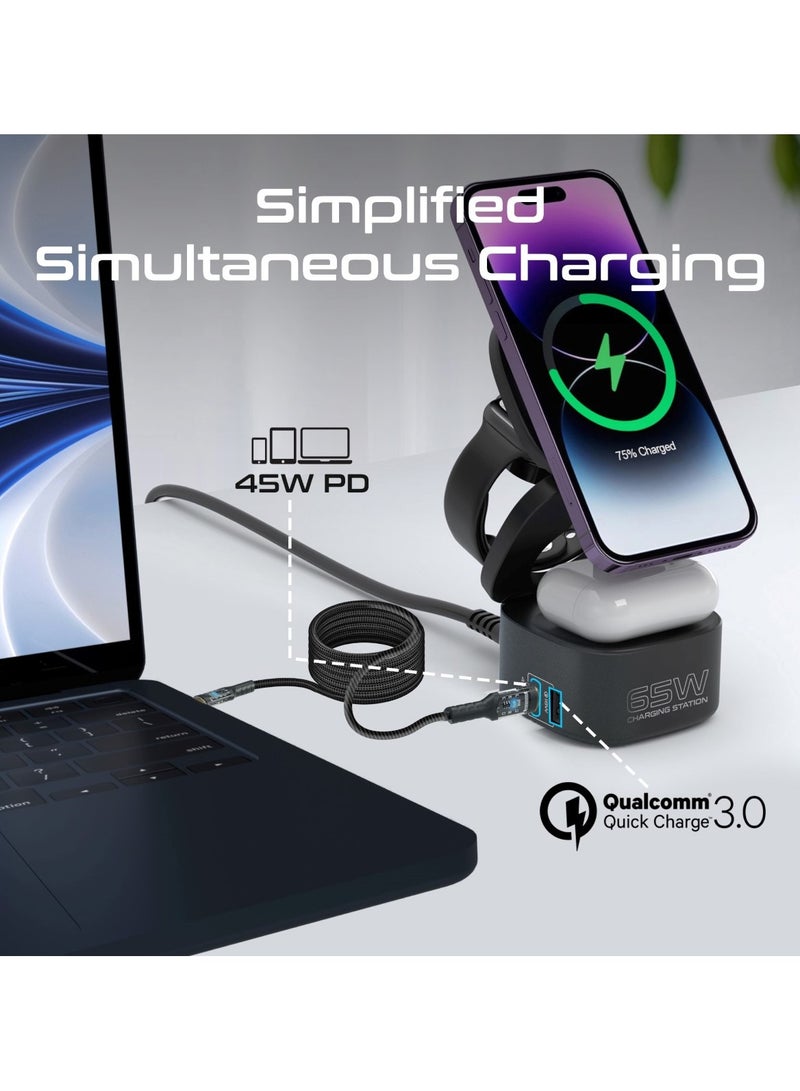 PROMATE - Foldable 4-in-1 GaNFast  65W Magsafe Compatible Charging Station with 15W Wireless Pad, AirPods and Apple Watch Fast Charging, Qualcomm QC 3.0 USB-A, 45W USB-C Power Delivery Port, Rubix-65W black - Image 1