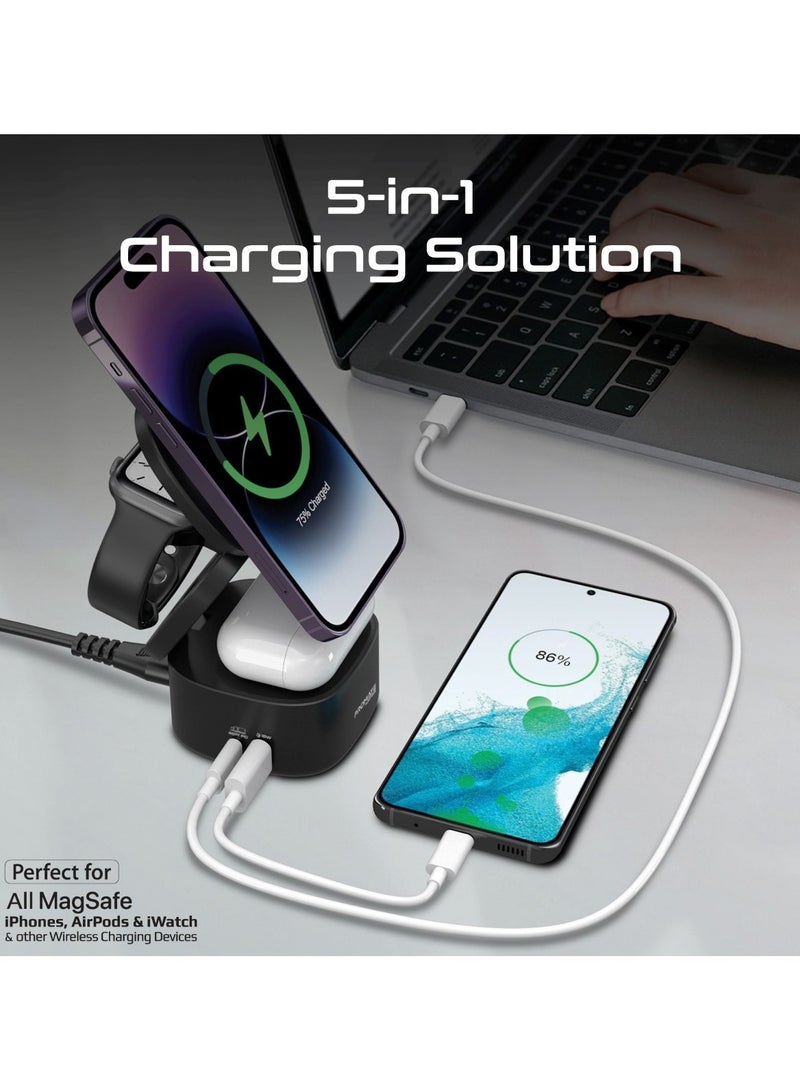PROMATE - Foldable 4-in-1 GaNFast  65W Magsafe Compatible Charging Station with 15W Wireless Pad, AirPods and Apple Watch Fast Charging, Qualcomm QC 3.0 USB-A, 45W USB-C Power Delivery Port, Rubix-65W black - Image 1