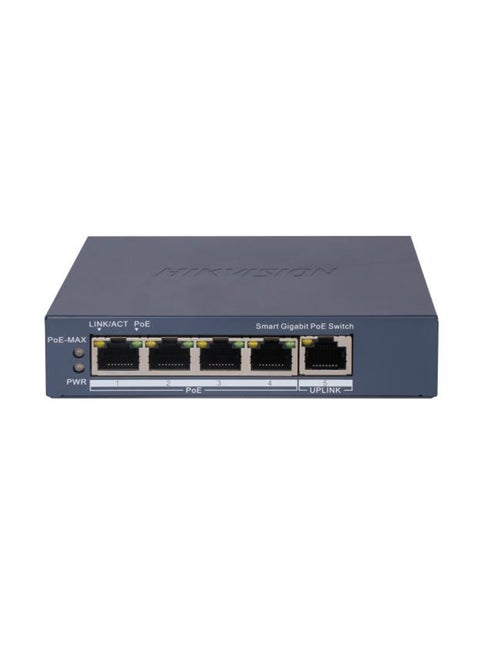 DS-3E1505P-EI 4-Port Gigabit Smart PoE Switch with 60W Power Budget, 1 Gigabit RJ45 Port, 300m Long Range PoE, 6KV Surge Protection, VLAN, PoE Watchdog, Loop Prevention, 802.1Q Support, Metal Shell, Wall-Mountable Blue
