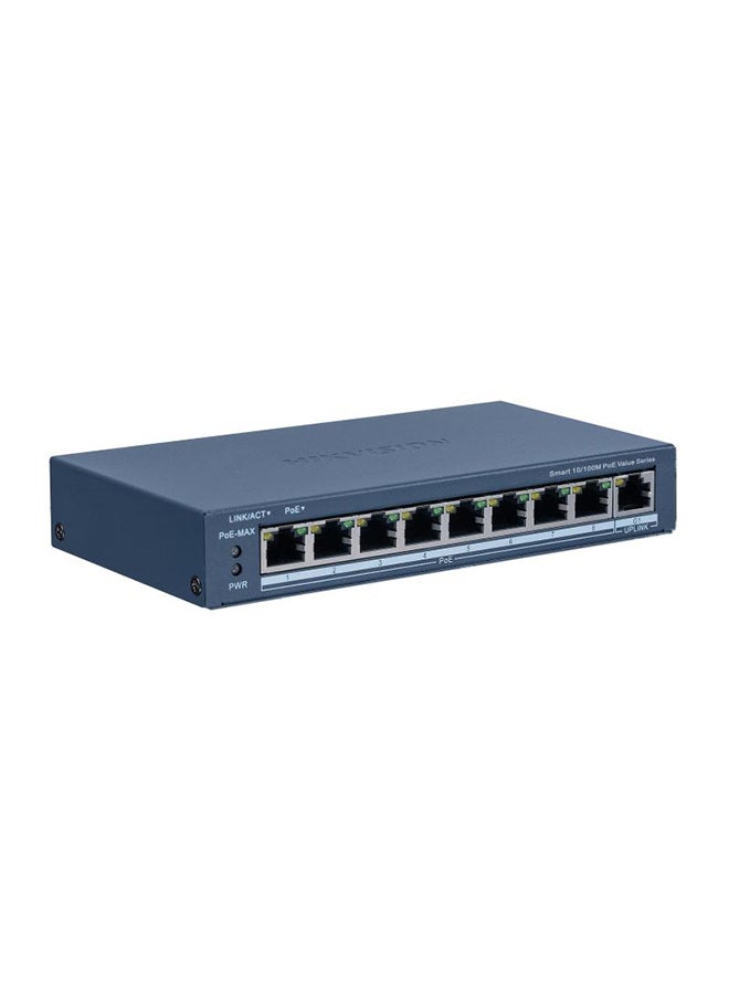 HIKVISION DS-3E1309P-EI/M 8-Port 10/100 Mbps PoE Switch with 1 Gigabit RJ45 Uplink, 60W PoE Power Budget, 6 kV Surge Protection, Long Range PoE (Up to 300m), 802.1Q VLAN, PoE Watchdog, Loop Prevention, Port Isolation, and Web Management, Metal Fan-Free Design Blue 