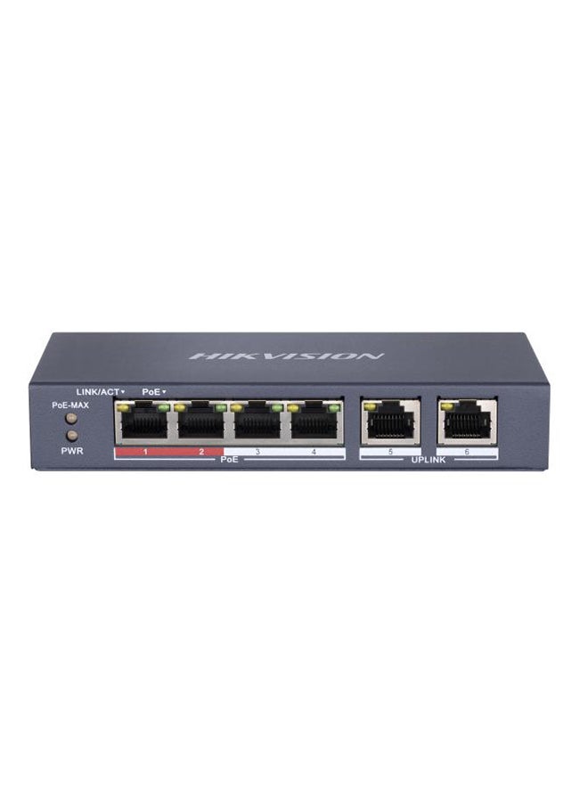 هيك فيجن DS-3E0106P-E/M 4-Port Fast Ethernet Unmanaged PoE Switch, 2 x 10/100 Mbps RJ45 Ports, IEEE 802.3af/at, 35W PoE Power Budget, 6KV Surge Protection, Long Range Transmission up to 300m, Metal Shell, 30W Max Power Consumption, Desk/Wall Mountable Blue 