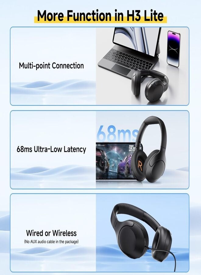 QCY - H3 LITE Active Noise Cancelling Headphones, Over-ear Bluetooth Headsets with Ambient Mode, 60H Playtime, Clear Calls, Mutipoint Wired and Wireless Connection - Black black - Image 1