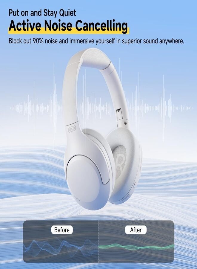 QCY H3 LITE Active Noise Cancelling Headphones, Over-ear Bluetooth Headsets with Ambient Mode, 60H Playtime, Clear Calls, Mutipoint Wired and Wireless Connection - White  - Image 3