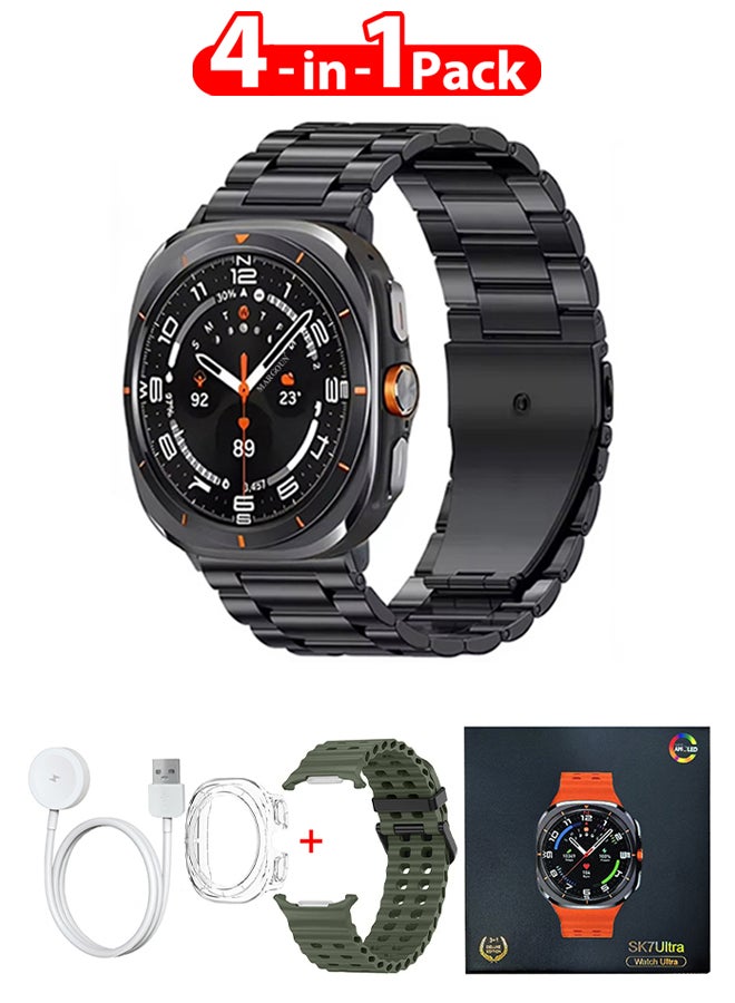 MARGOUN SK7 Ultra Smartwatch Bundle With Accessories Including 1 Black Stainless Steel Band 1 Olive Green Silicone Band a Charging Cable and a TPU Case Protector Olive Green - Image 1