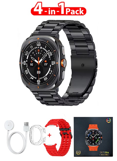 SK7 Ultra Smartwatch Bundle With Accessories Including 1 Black Stainless Steel Band 1 Red Silicone Band a Charging Cable and a TPU Case Protector Red