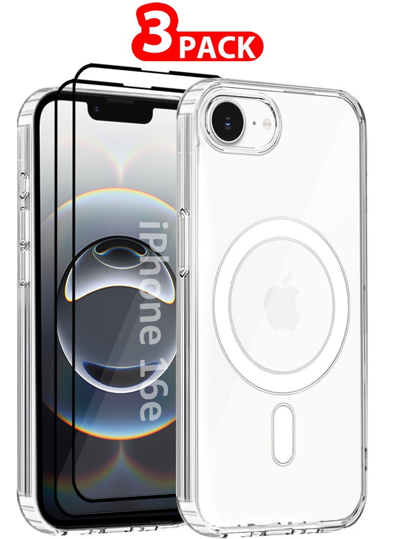 MARGOUN iPhone 16E 3Packs Case Cover Ultra Durable MagSafe Shockproof Slim and Scratch Resistant Premium MagSafe Case with Two 3D Screen Protectors - Clear Magnetic Clear-3 - Image 1