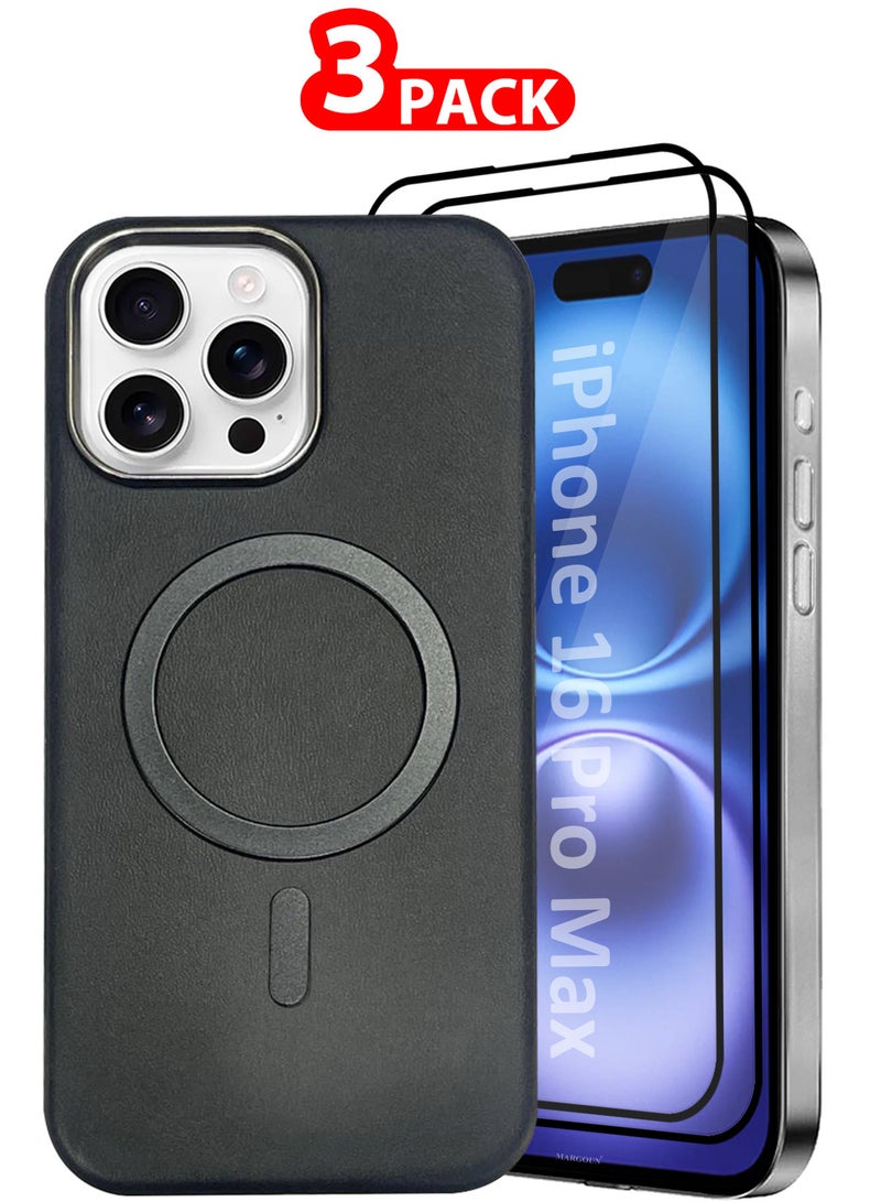 MARGOUN iPhone 16 Pro Max Leather Case 3 Pack, 1 Case 2 Screen Protectors, Compatible with Magsafe, Vintage Aesthetic, Comfort Grip, Camera Bump Frame Black-3 - Image 1