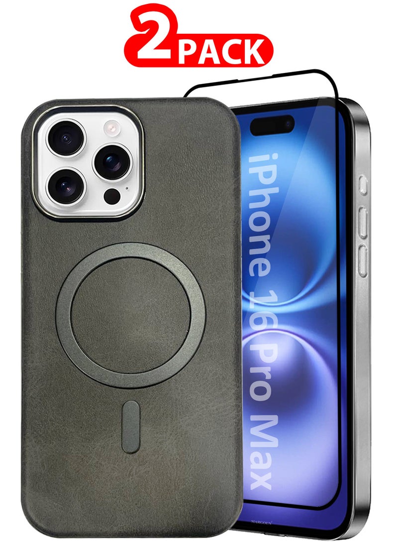 MARGOUN iPhone 16 Pro Max Leather Case 2 Pack, 1 Case 1 Screen Protector, Compatible with Magsafe, Vintage Aesthetic, Comfort Grip, Camera Bump Frame Dark Grey-2 - Image 1