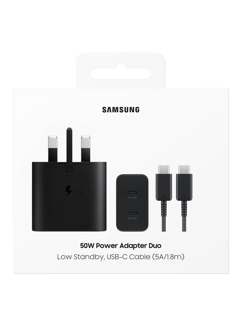 Samsung - 50W Duo Power Adapter with USB-C Cable 5A 1.8m Dual-Port Fast Charging 3-Pin for Multiple Devices - Black Black - Image 1