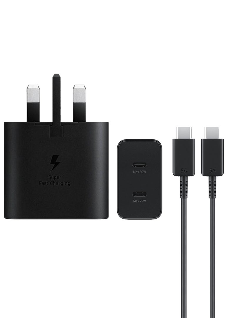 Samsung - 50W Duo Power Adapter with USB-C Cable 5A 1.8m Dual-Port Fast Charging 3-Pin for Multiple Devices - Black Black - Image 1