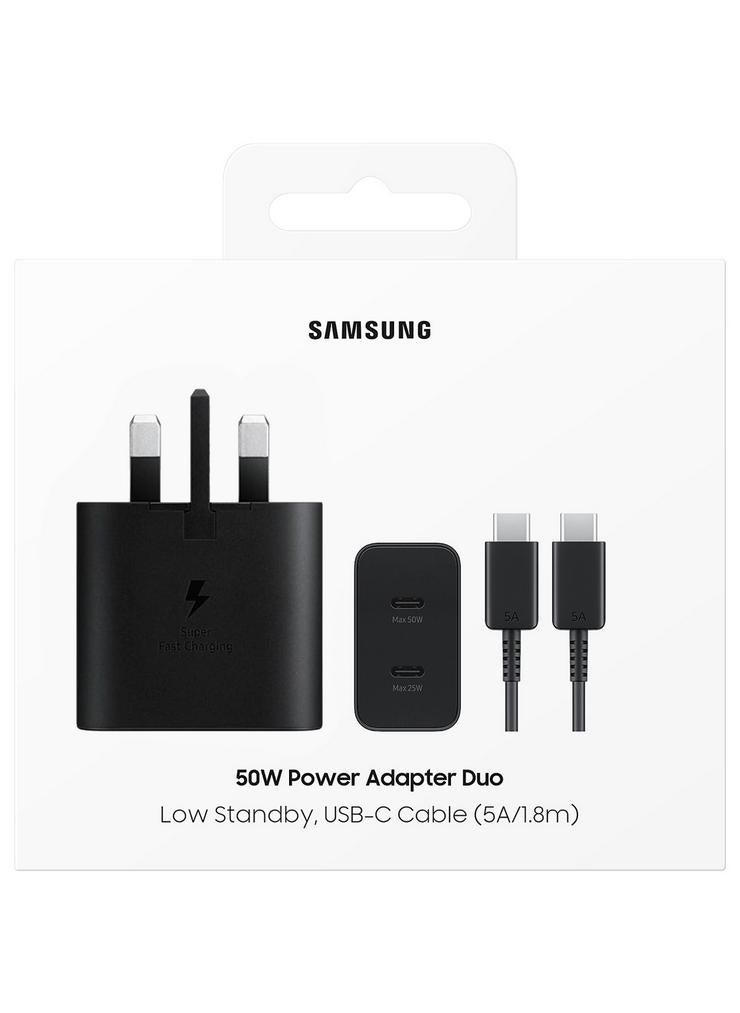 Samsung 50W Duo Power Adapter with USB-C Cable 5A 1.8m Dual-Port Fast Charging 3-Pin for Multiple Devices - Black Black - Image 1