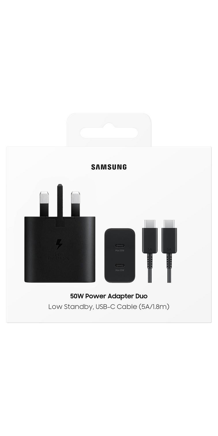 Samsung 50W Duo Power Adapter with USB-C Cable 5A 1.8m Dual-Port Fast Charging 3-Pin for Multiple Devices - Black Black - Image 1
