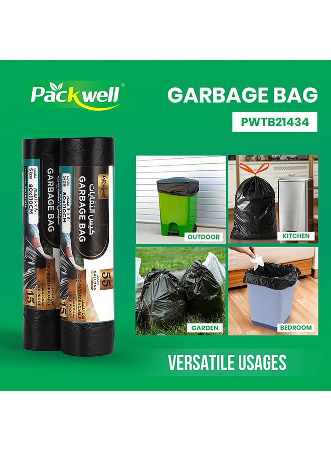 Packwell Trash Bag Garbage Bag Black Strong & Bio-Degradable Heavy Duty Disposable Garbage 15 Pcs 80x110 cm Pack Of 2 Pcs Roll Black