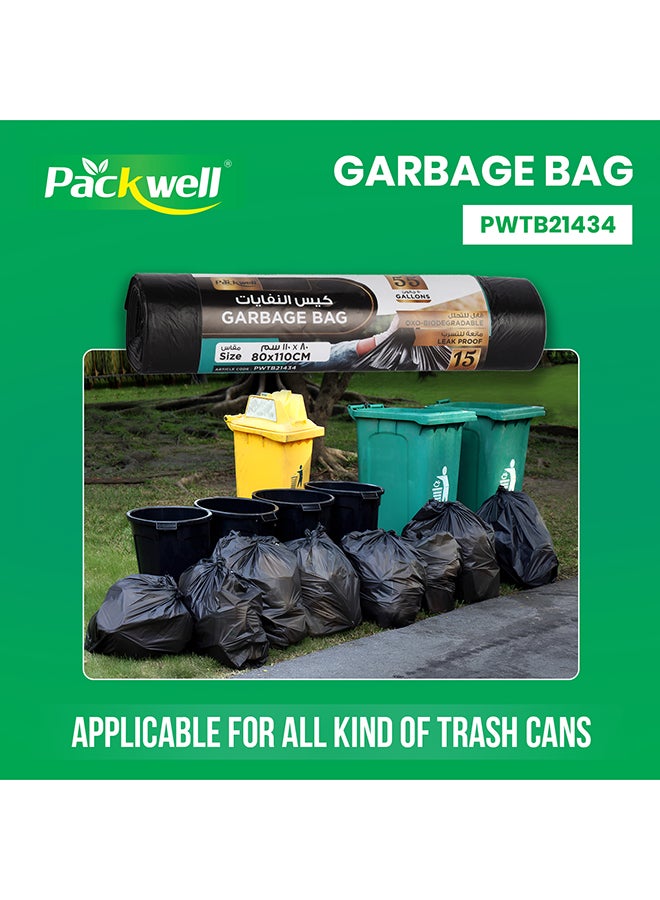 Packwell Trash Bag Garbage Bag Black Strong & Bio-Degradable Heavy Duty Disposable Garbage 15 Pcs 80x110 cm Pack Of 2 Pcs Roll Black