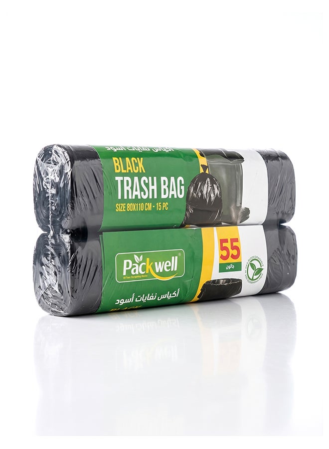 Packwell Trash Bag Garbage Bag Black Strong & Bio-Degradable Heavy Duty Disposable Garbage 15 Pcs 80x110 cm Pack Of 2 Pcs Roll Black - Image 1
