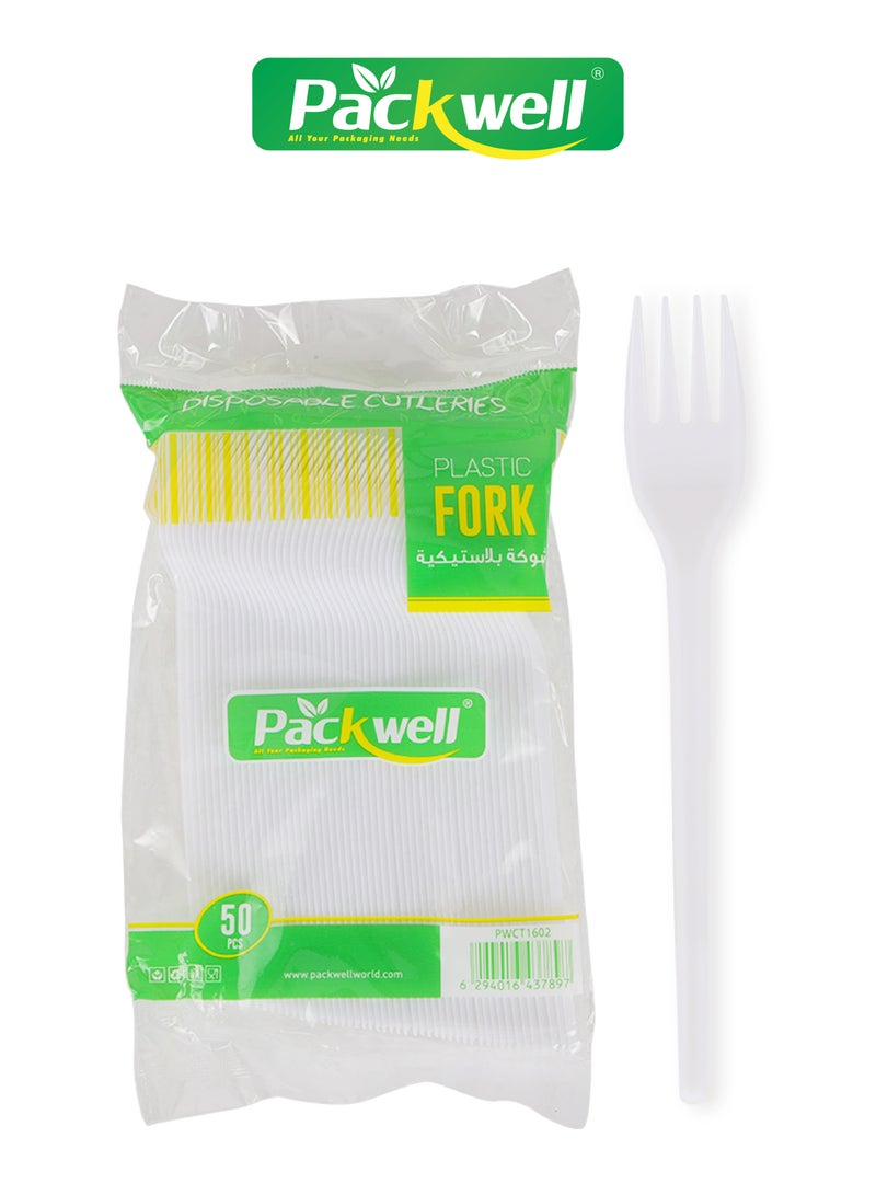 packwell Plastic Normal Fork- PWCT1602| 50 Pieces. 2.3 Grams Each, Premium-Quality, BPA-Free, Food grade and Hygienic| Perfect for Parcels, Large Gatherings, Takeout, Etc White 50 pcs  - Image 1