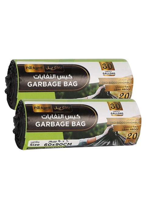 Packwell Trash Bag Garbage Bag Strong & Bio-Degradable Heavy Duty Disposable Garbage 20 Pcs 60x90 cm Pack of 2 Roll Black