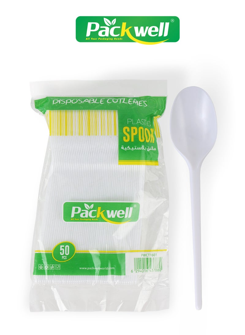 packwell Plastic Spoon 50pcs - PWCT1601 2.3 Grams Each, Premium-Quality, BPA-Free, Foodgrade and Hygienic Perfect for Parcels, Large Gatherings, Takeout, Etc White  - Image 1
