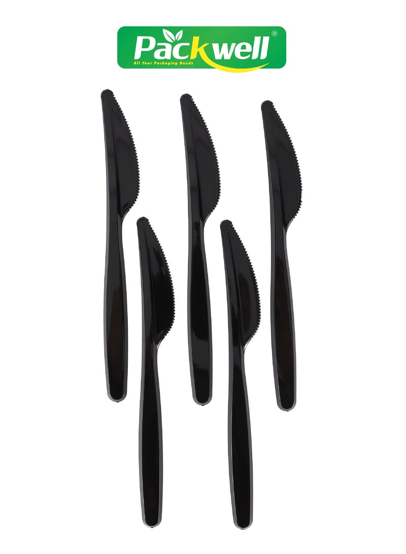 باكويل Packwell 50pcs Black MD Knife Cutlery Plastic Knife - PWCT1611 Premium Quality, BPA-Free, Food Grade And Hygienic Perfect for Parcels, Large Gatherings, Takeout, Etc Black 50 PCS  - Image 1