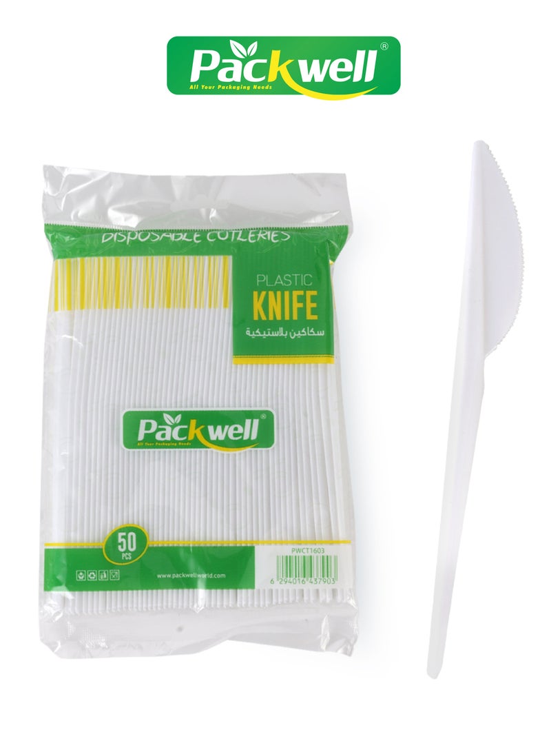 packwell Packwell Plastic Knife 50pcs PWCT1603 2.3 Grams Each, Premium-Quality, BPA-Free, Food grade and Hygienic White 50 PCS  - Image 1