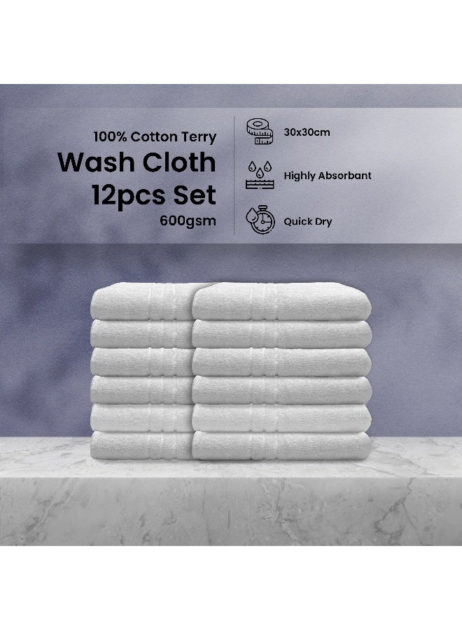 أرستوكرات Aristocrat 12pcs Premium Hotel Quality Towel Set for Bathroom, Hotel, Spa & Gym - 100% Cotton 600gsm Washcloth/Face towel Set 30x30cm (White) White  - Image 1