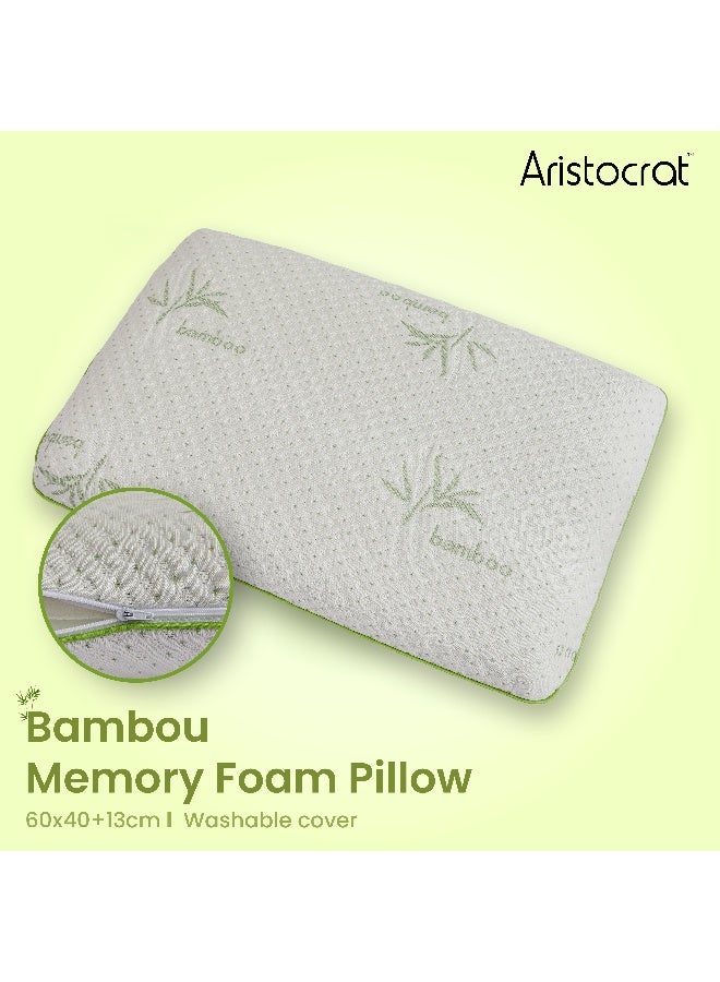 أرستوكرات Aristocrat Bambou Memory Foam Pillow with Removable Bamboo Rayon Cover I Hypoallergenic & Breathable- 60x40x13 cm Foam White  - Image 1