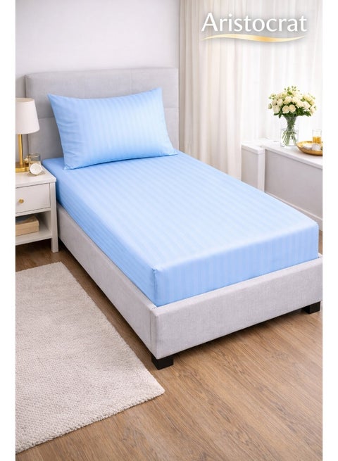 طقم ملاءات مشدودة مخططة من 2 قطعة - 90x200+17 سم (أزرق سماوي)