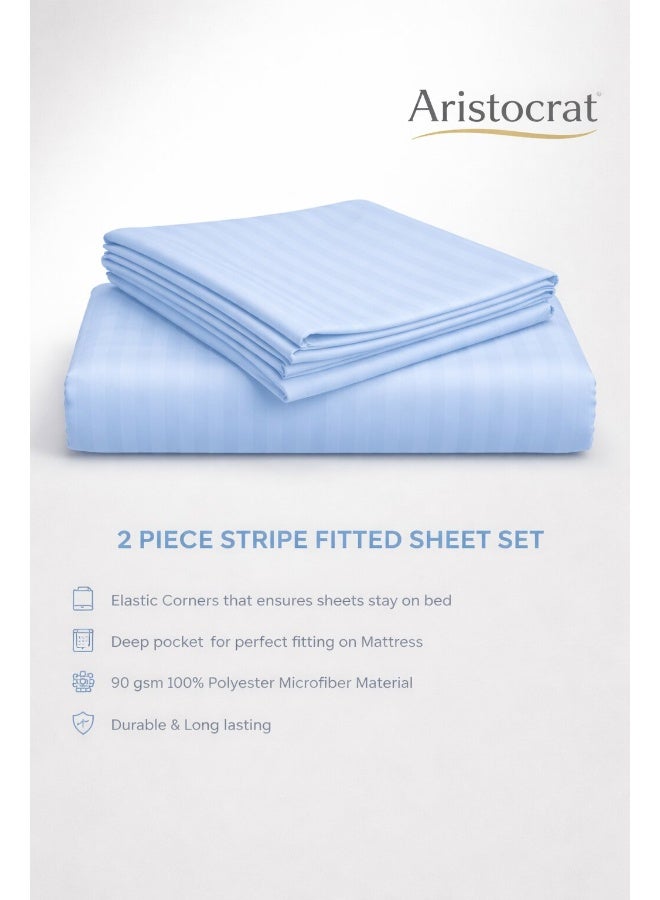ARISTOCRAT 2-Piece Striped Microfiber Fitted Sheet Set Single 90x200cm – Soft Elastic Deep Pocket 17cm Bedsheet with 1 Pillowcase 50x70cm, Sky Blue Microfiber Sky Blue Single - Image 2