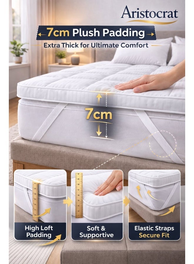 ARISTOCRAT 600GSM Striped Microfiber Mattress Topper King 180x200cm – Soft Thick 7cm Cushioning with Elastic Straps, White Microfiber White 180x200+7cm - Image 3