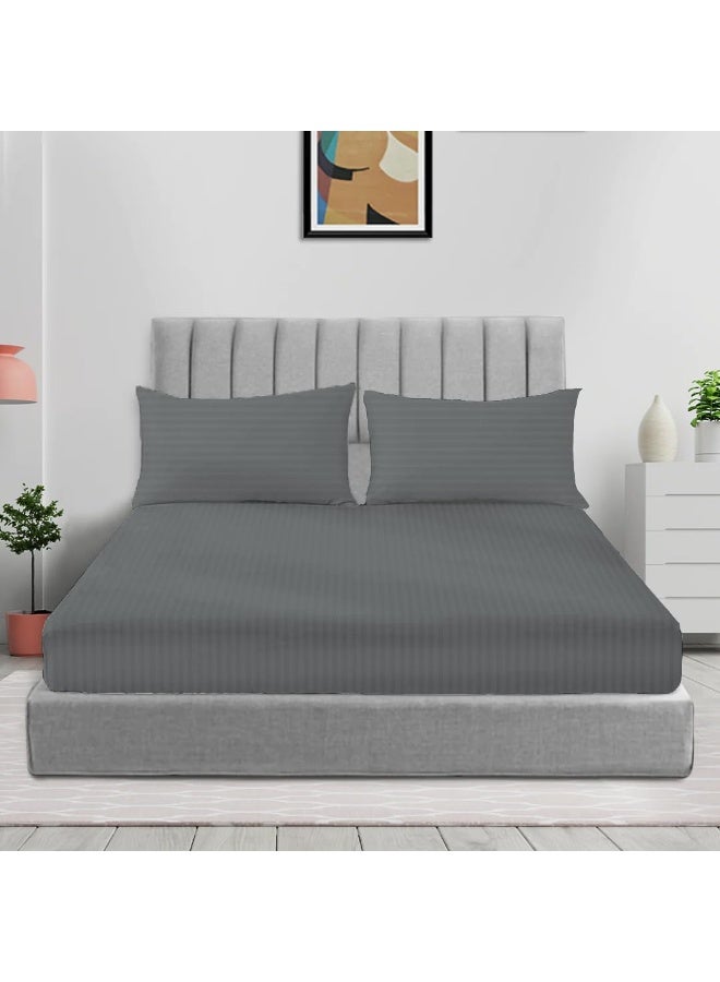 ARISTOCRAT 3Pieces Stripe Fitted Sheet Set - 120x200+17cm (Grey) Microfiber Grey  - Image 1