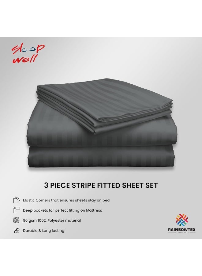 ARISTOCRAT 3Pieces Stripe Fitted Sheet Set - 120x200+17cm (Grey) Microfiber Grey  - Image 2