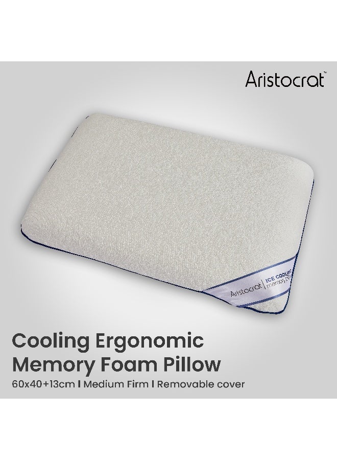 أرستوكرات Aristocrat Cooling Ergonomic Memory Foam Pillow with Cooling Technology and Removable cover - 60x40x13 cm Foam White  - Image 1