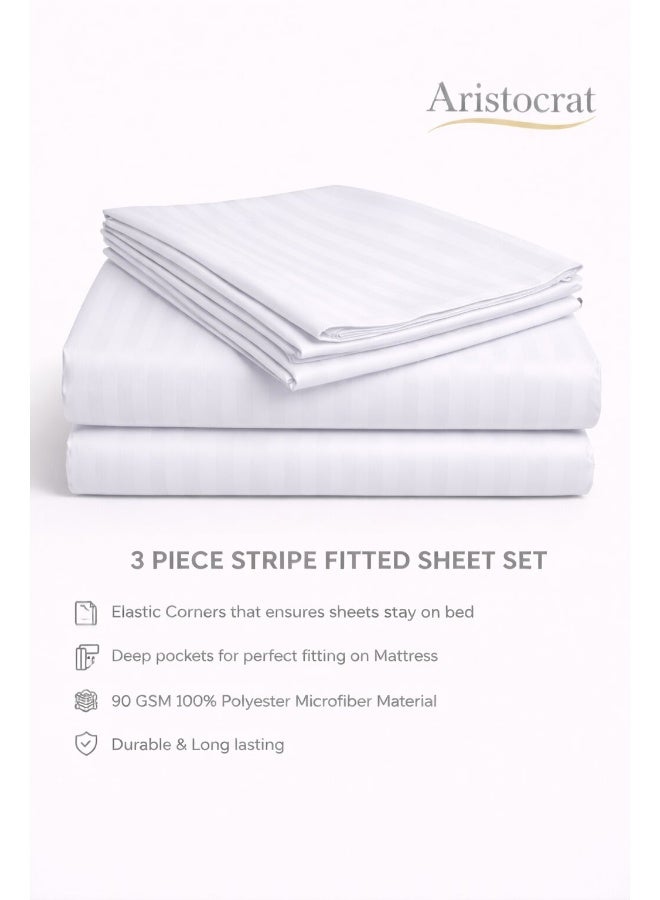 ARISTOCRAT 3-Piece Striped Microfiber Fitted Sheet Set Queen 150x200cm – Soft Elastic Deep Pocket 17cm Bedsheet with 2 Pillowcases 50x70cm, White Microfiber White 150X200+17cm - Image 2