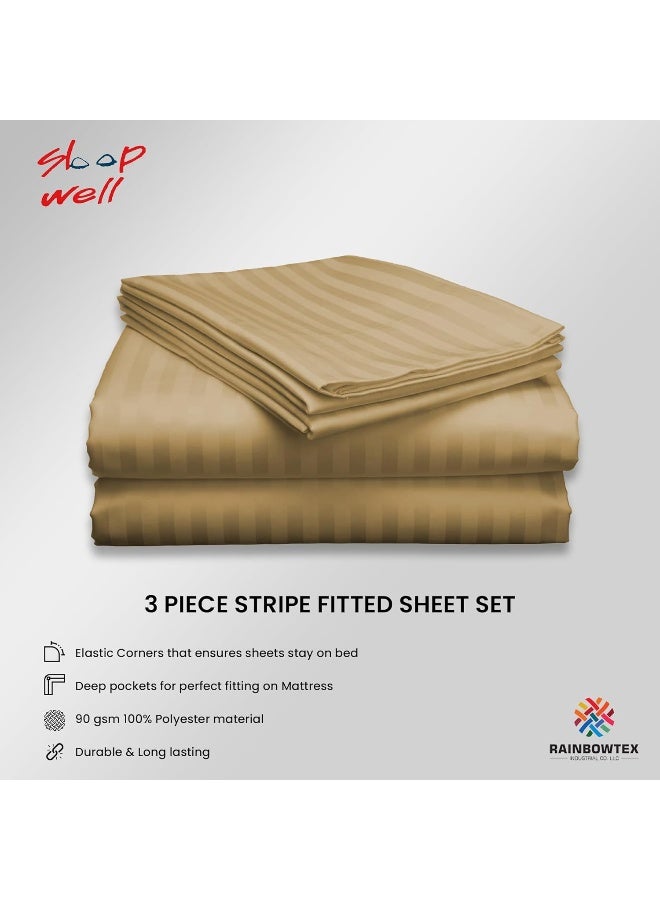 ARISTOCRAT 3Pieces Stripe Fitted Sheet Set - 120x200+17cm (Beige) Microfiber Beige - Image 3