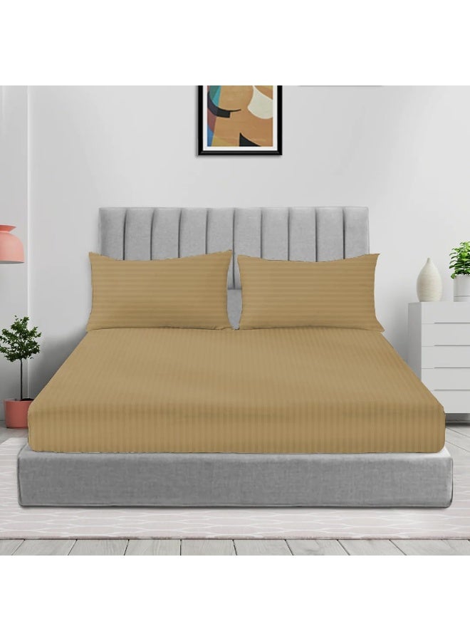 ARISTOCRAT 3Pieces Stripe Fitted Sheet Set - 120x200+17cm (Beige) Microfiber Beige - Image 2