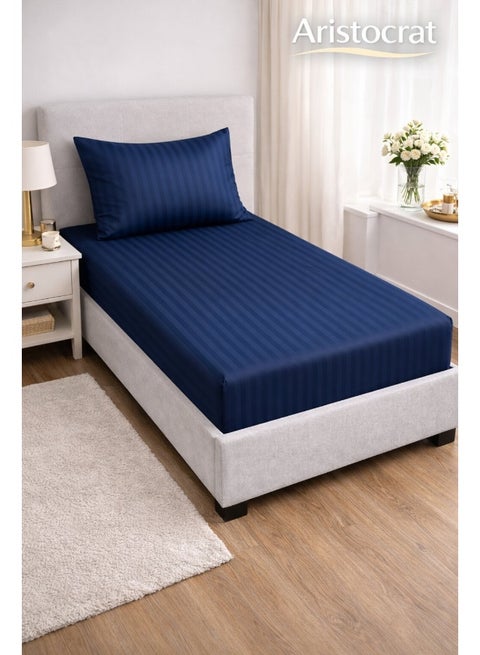 2-Piece Striped Microfiber Fitted Sheet Set Single 90x200cm – Soft Elastic Deep Pocket 17cm Bedsheet with 1 Pillowcase 50x70cm, Royal Blue Microfiber Royal Blue Single