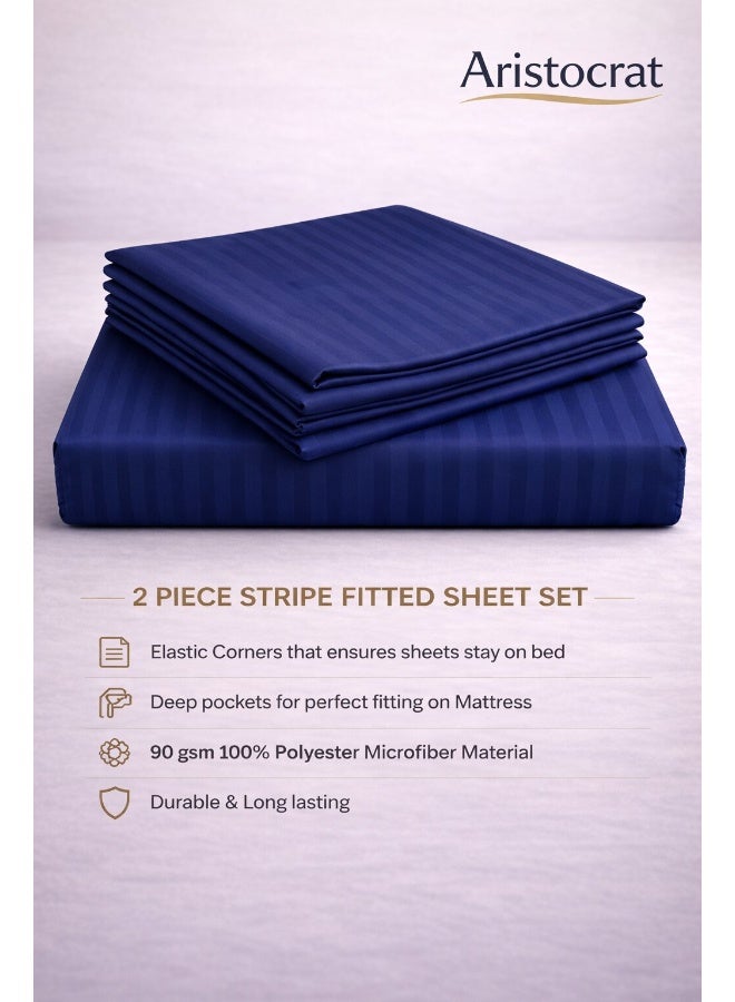 ARISTOCRAT 2-Piece Striped Microfiber Fitted Sheet Set Single 90x200cm – Soft Elastic Deep Pocket 17cm Bedsheet with 1 Pillowcase 50x70cm, Royal Blue Microfiber Royal Blue Single - Image 2