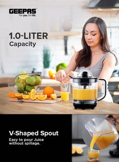 جيباس Electric Citrus Juicer, Dual-Rotation, 1 Liter Clear Jar, 25W Copper Motor, Non-Slip Feet, for Oranges, Lemons, Limes 1 L 25 W GCJ9900NV Clear/Black  - Image 3