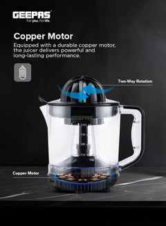 جيباس Electric Citrus Juicer, Dual-Rotation, 1 Liter Clear Jar, 25W Copper Motor, Non-Slip Feet, for Oranges, Lemons, Limes 1 L 25 W GCJ9900NV Clear/Black  - Image 4