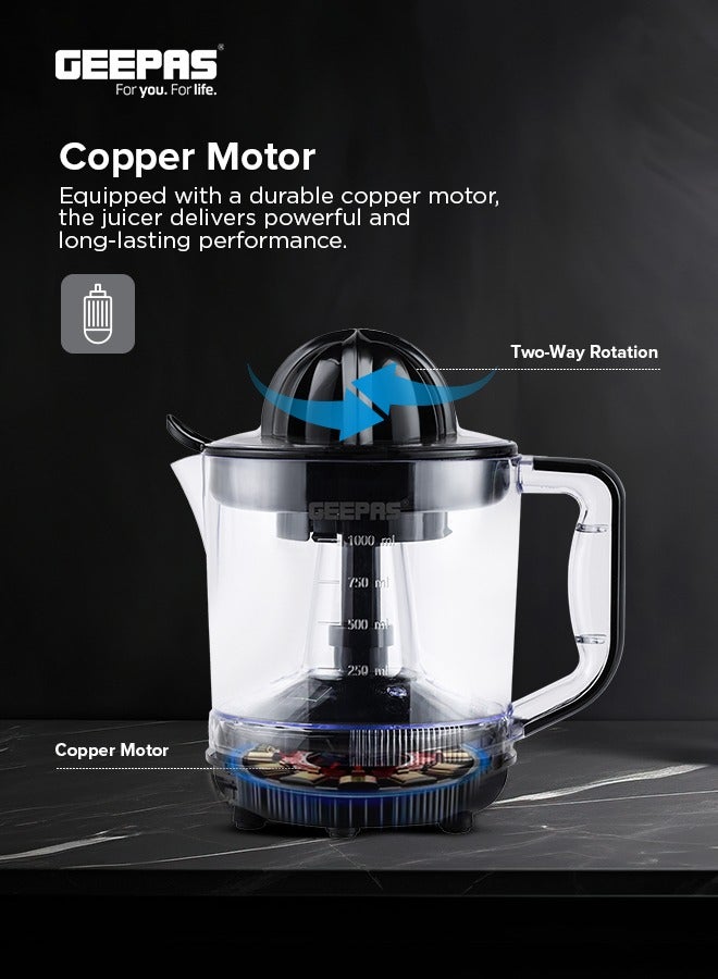 GEEPAS Electric Citrus Juicer, Dual-Rotation, 1 Liter Clear Jar, 25W Copper Motor, Non-Slip Feet, for Oranges, Lemons, Limes 1 L 25 W GCJ9900NV Clear/Black  - Image 4