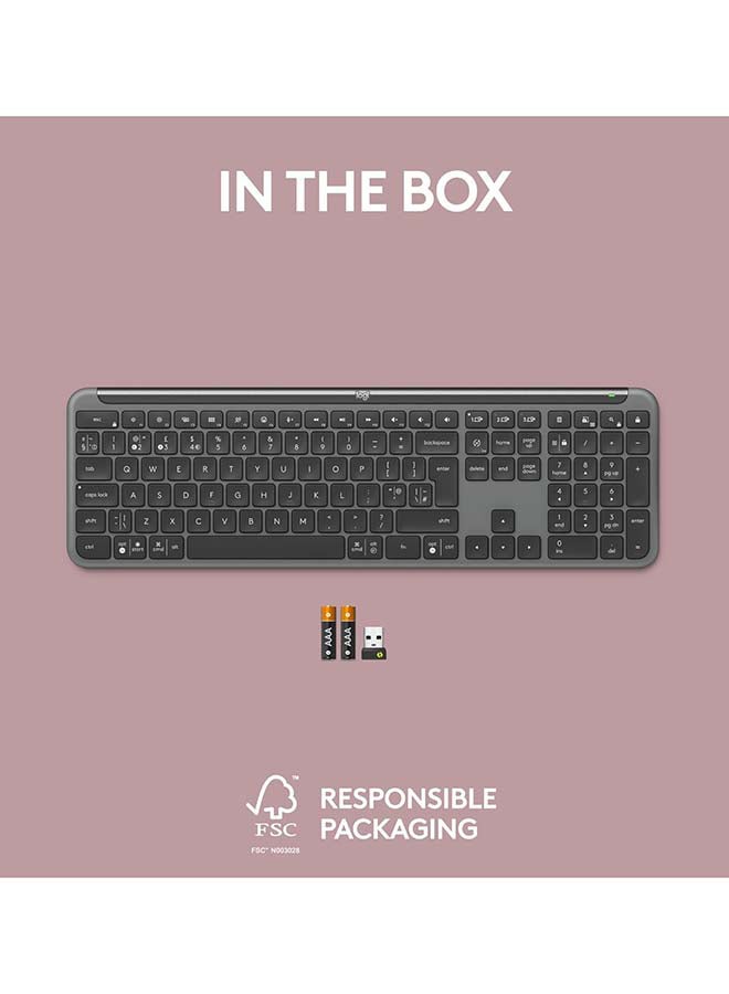 لوجيتيك - Signature Slim K950 Wireless Keyboard, Sleek Design, Switch Typing Between Devices, Quiet Typing, Bluetooth, Multi-OS, Windows, Mac, Chrome, Arabic Layout Graphite - Image 1
