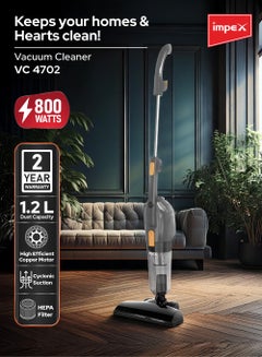Impex Vacuum Cleaner 800W | 3-in-1 Lightweight Stick Cleaner Suction Cleaner | Powerful Suction | 1.2L Transparent Dust Container Dust Remover | 5M Cord | Home, Office, Car, Multi-Surface Cleaning Handheld Vacuum Cleaner | High-Efficiency Filtration | 1.2 L 800 W VC 4702 Grey  - Image 2