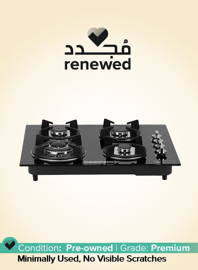 GEEPAS - Renewed - Built-In Glass Gas Hob Four Burner with FFD|  Heavy Cast Iron Pan Support |  Auto Impulse Ignition with BS Plug | 8mm Tempered Glass Pane l GGC31050FFD Black - Image 1